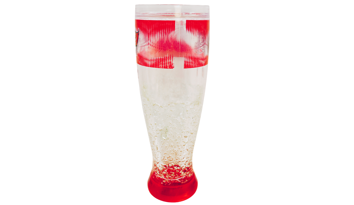 Additional side view of Buccaneers freezer pilsner glass with red patterned band and clear frozen-effect body