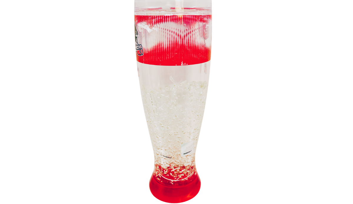Additional view of Tampa Bay Buccaneers freezer pilsner glass showing clear chamber and red base
