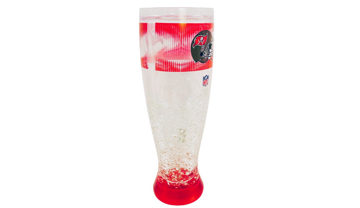 Opposite side view of Tampa Bay Buccaneers freezer pilsner glass with football helmet graphic