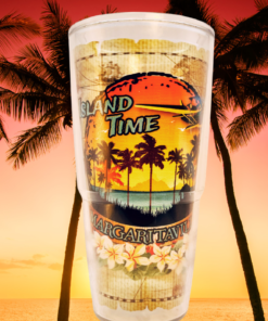 Tervis Margaritaville Island Time Tumbler displayed against a tropical sunset beach backdrop