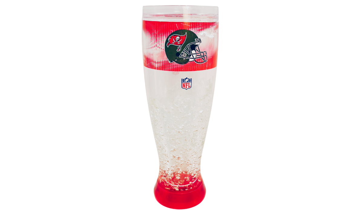 Back view of Tampa Bay Buccaneers freezer pilsner glass with football helmet and NFL shield