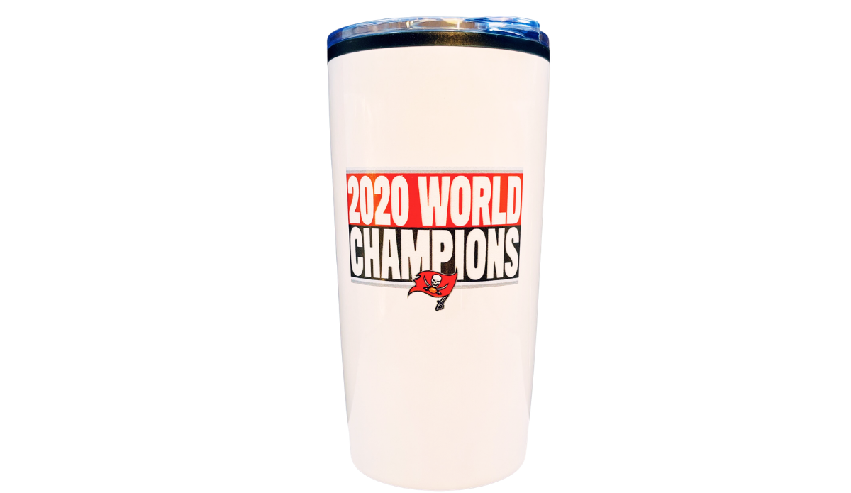 Tampa Bay Buccaneers 2020 World Champions tumbler with championship lettering and Buccaneers flag logo