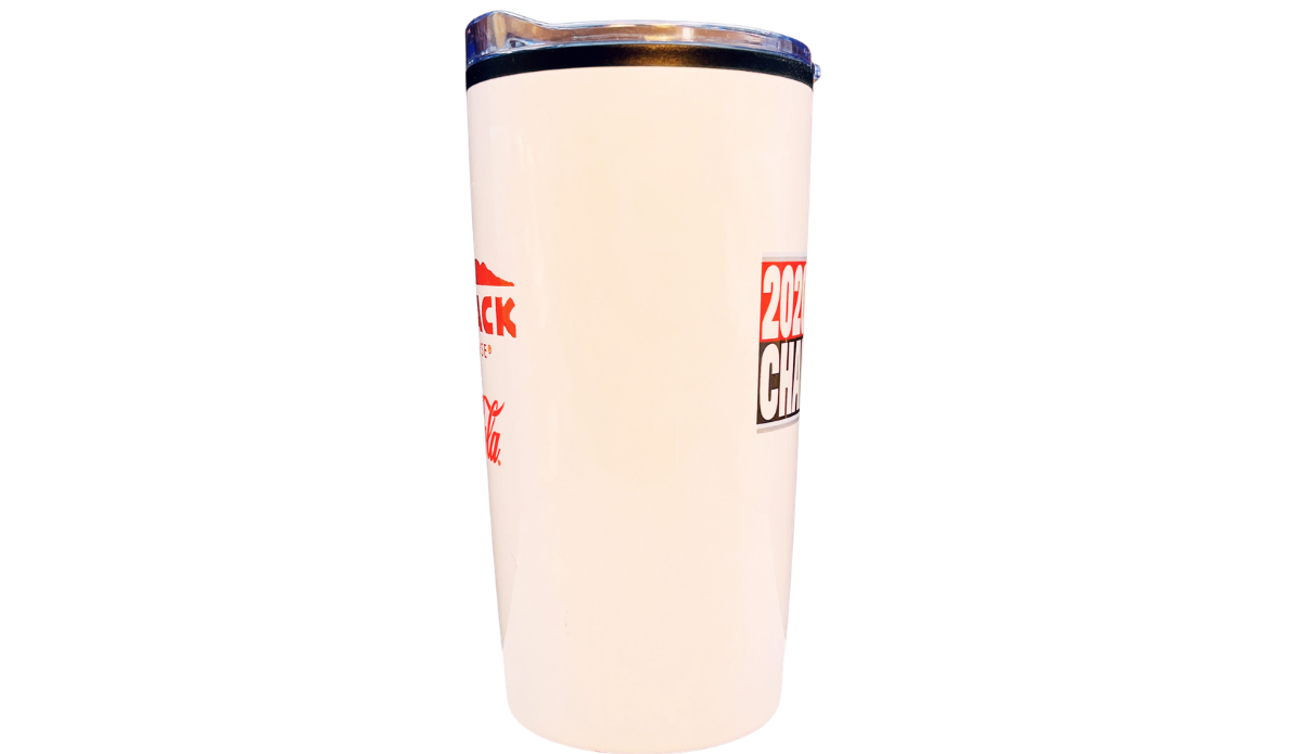 Side view of Tampa Bay Buccaneers 2020 World Champions tumbler with partial championship and sponsor graphics
