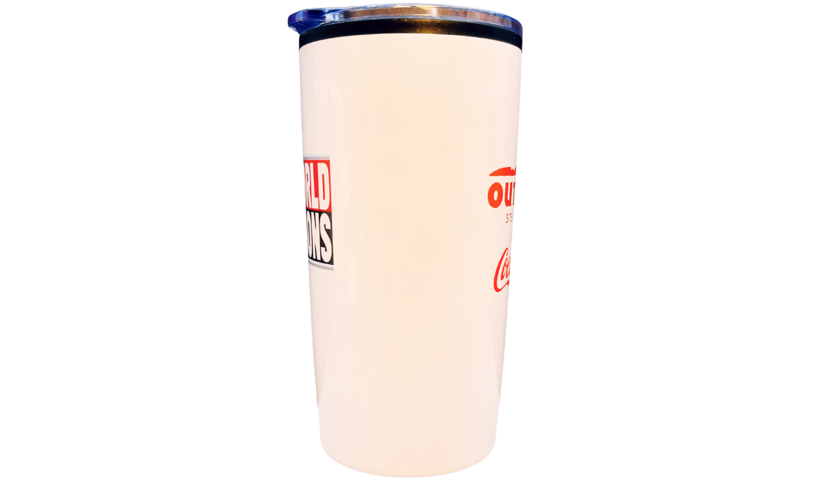 Opposite side view of Tampa Bay Buccaneers championship tumbler with Outback Steakhouse and Coca-Cola branding