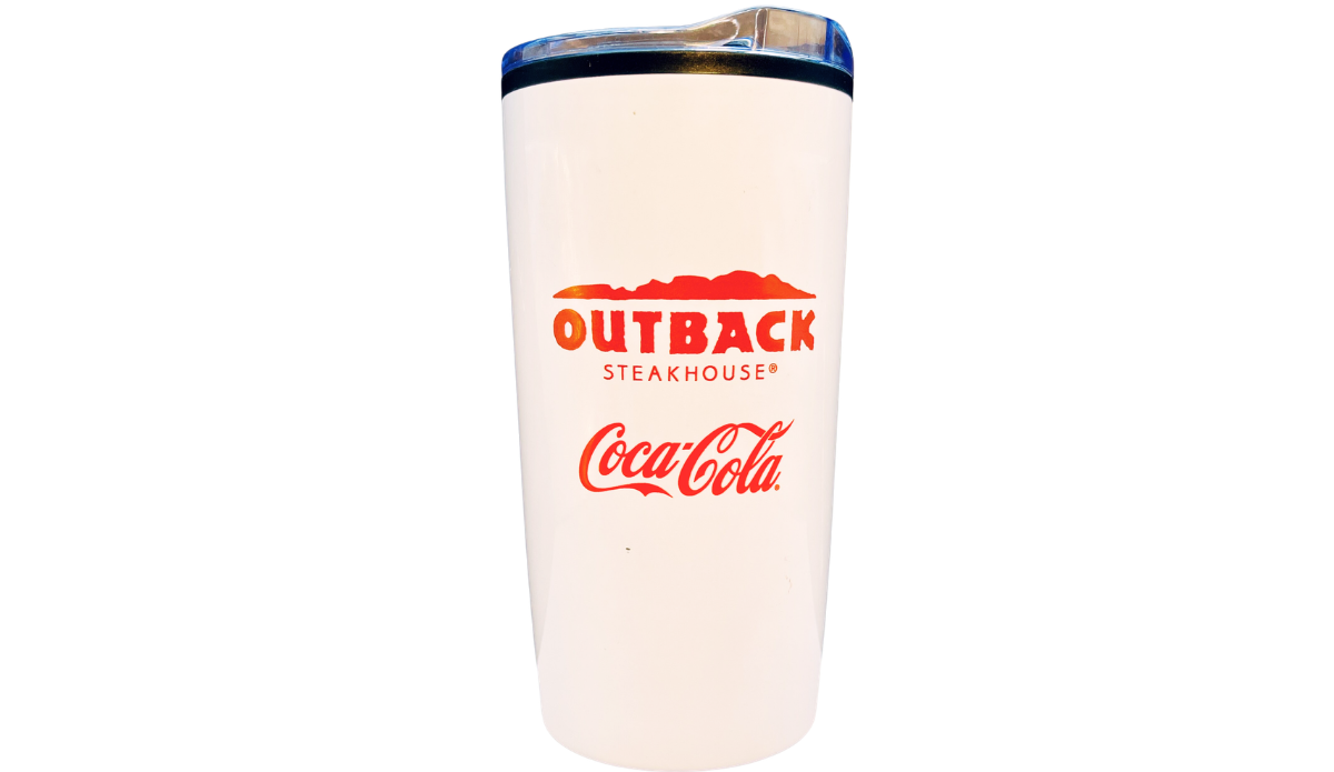 Back view of Tampa Bay Buccaneers 2020 World Champions tumbler with Outback Steakhouse and Coca-Cola logos