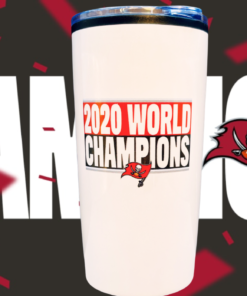 Tampa Bay Buccaneers 2020 World Champions tumbler displayed with championship graphics and Buccaneers flag