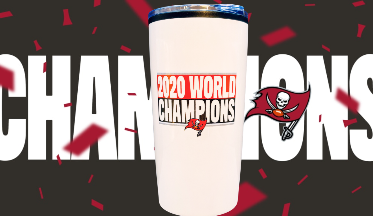Tampa Bay Buccaneers 2020 World Champions tumbler displayed with championship graphics and Buccaneers flag