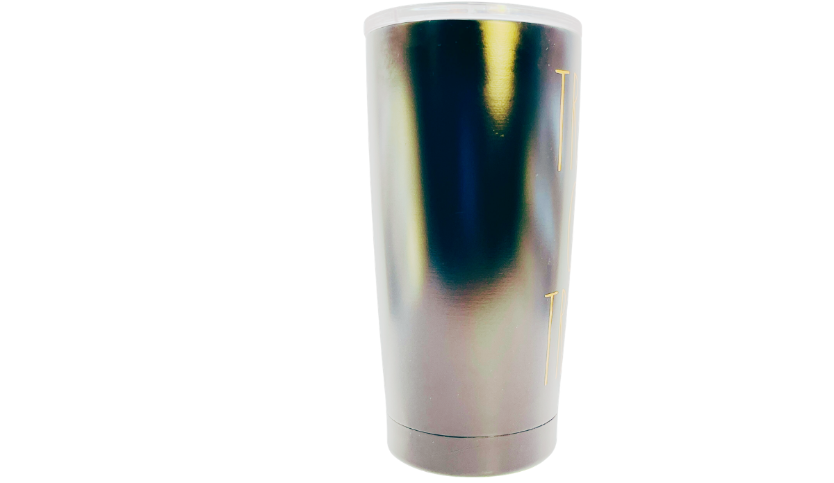 Rae Dunn Trick or Treat Tumbler middle view showing matte black surface and partial orange Halloween lettering