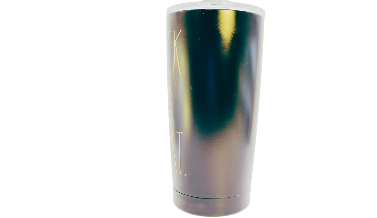 Rae Dunn Trick or Treat Tumbler alternate middle view with matte black finish and partial orange lettering