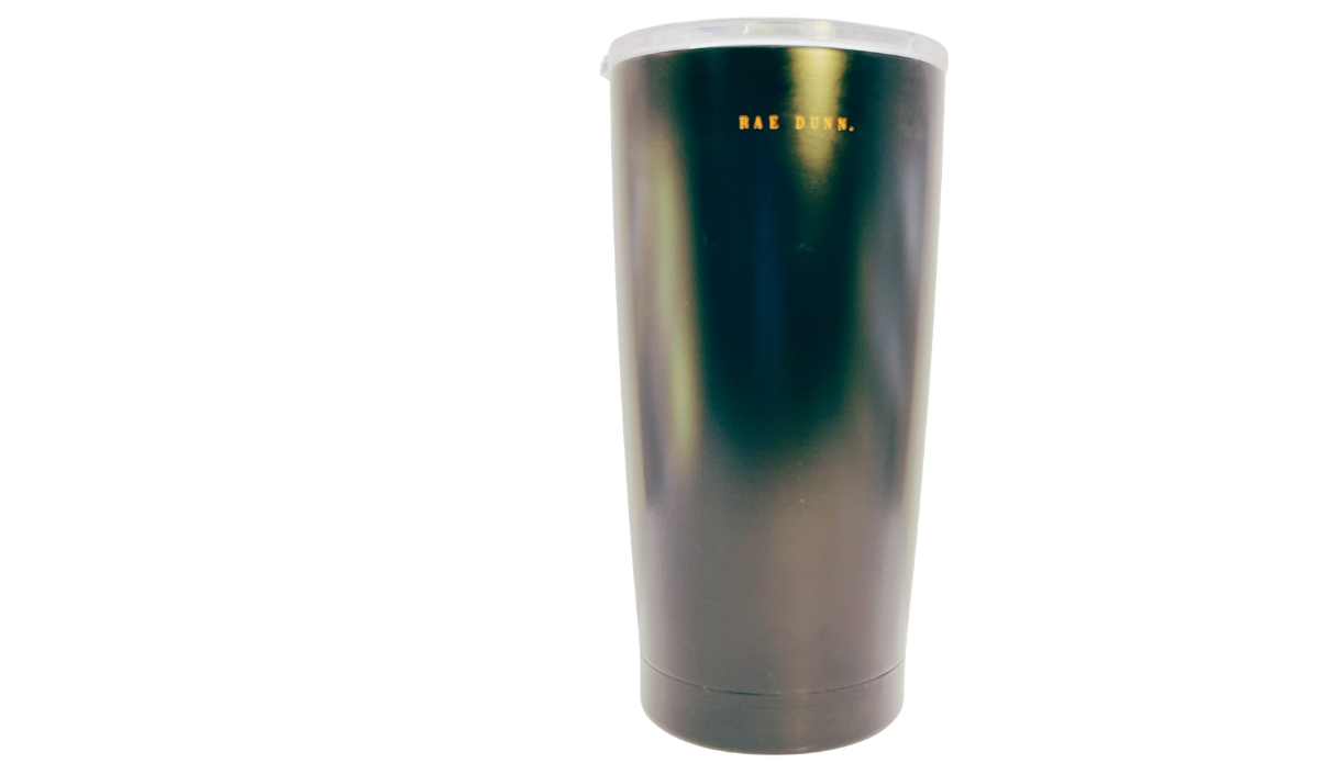 Rae Dunn Trick or Treat Tumbler back view with small orange Rae Dunn marking on matte black finish
