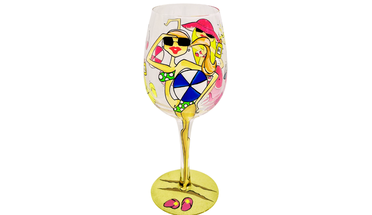 Beach Girls Hand Painted Wine Glass featuring blonde beach girl in sunglasses holding a blue and white beach ball