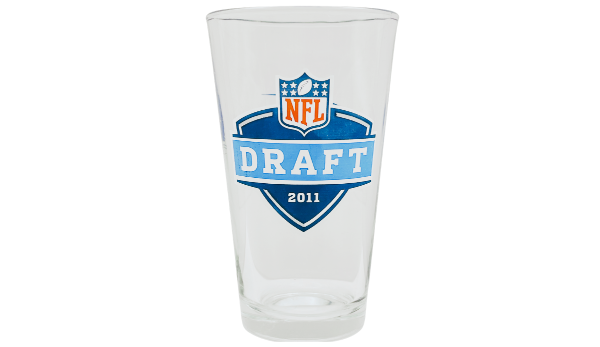 2011 NFL Draft Bud Light Pint Glass front view with blue NFL Draft 2011 shield graphic
