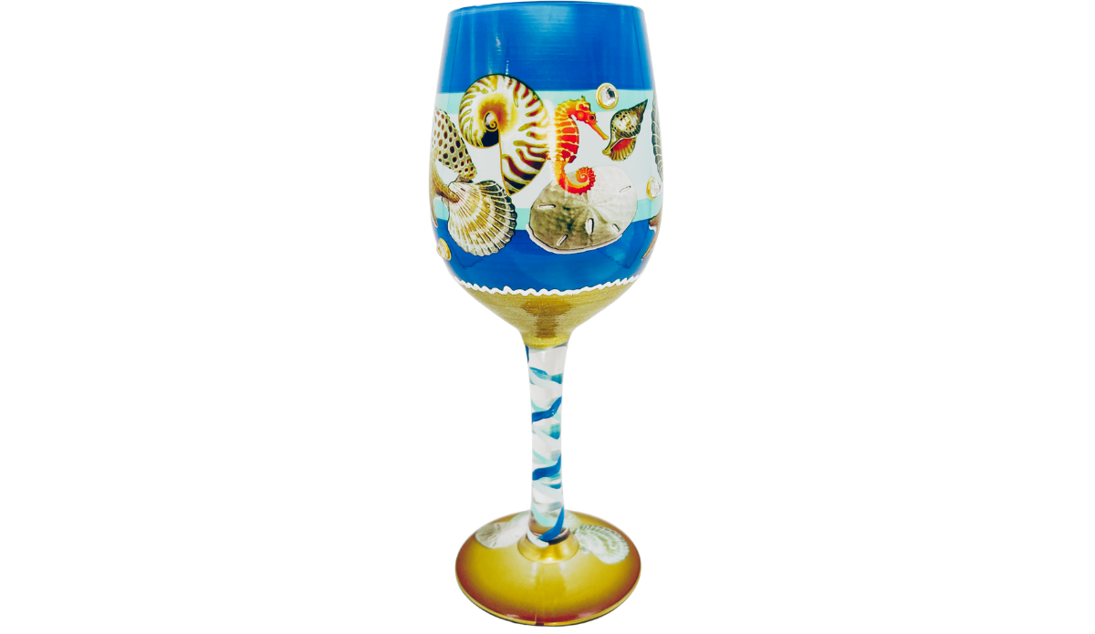 Beach Seahorse Seashell Hand Painted Wine Glass featuring colorful seahorse, nautilus shell, and wraparound beach artwork