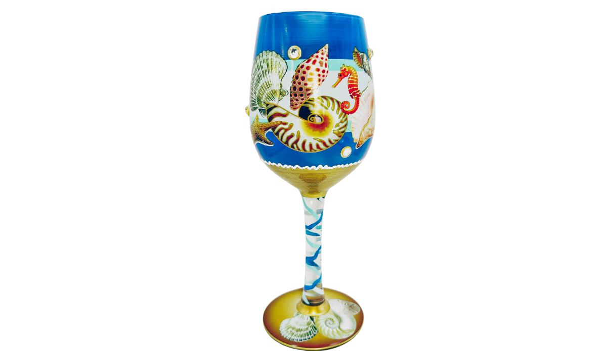 Beach Seahorse Seashell Hand Painted Wine Glass with detailed nautilus shell and marine artwork