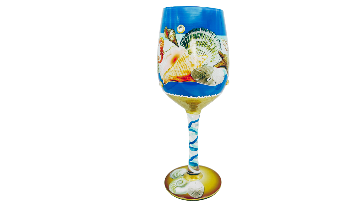 Beach Seahorse Seashell Hand Painted Wine Glass with detailed nautilus shell and marine artwork