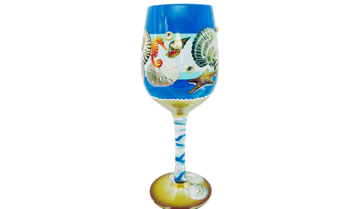 Beach Seahorse Seashell Hand Painted Wine Glass showing detailed red orange seahorse artwork