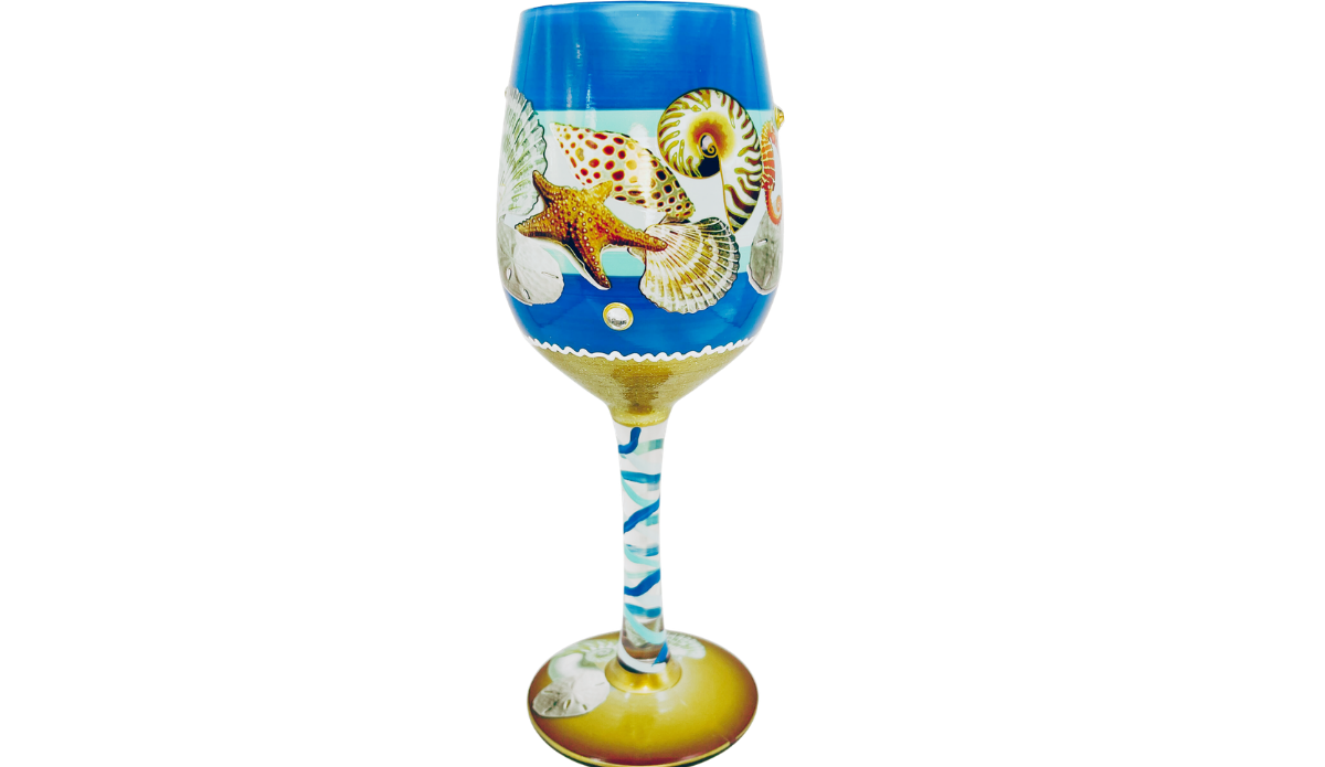 Beach Seahorse Seashell Hand Painted Wine Glass showing starfish, nautilus shell, scallop shell, twisted stem, and painted base