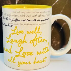 Live Well Laugh Often Love Mug with yellow interior