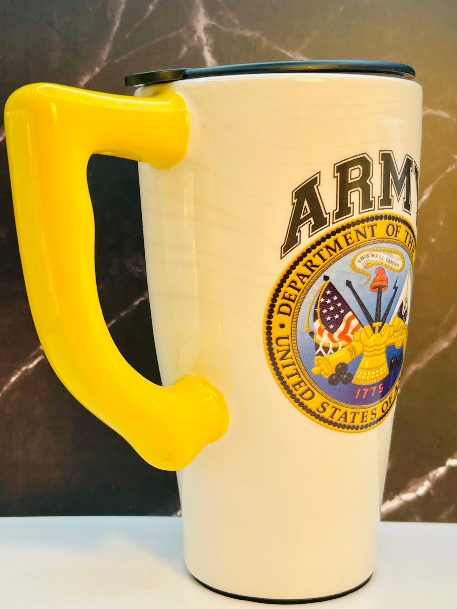 Travel mug featuring Department of the Army seal and ARMY text