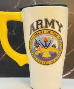 U.S. Army ceramic travel mug with yellow handle and black lid