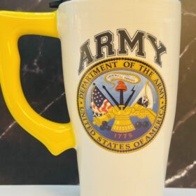U.S. Army ceramic travel mug with yellow handle and black lid