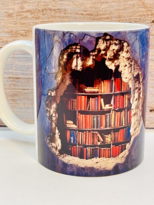 Novelty coffee mug with detailed book stack design