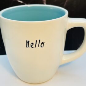 White Rae Dunn Hello Mug with blue interior
