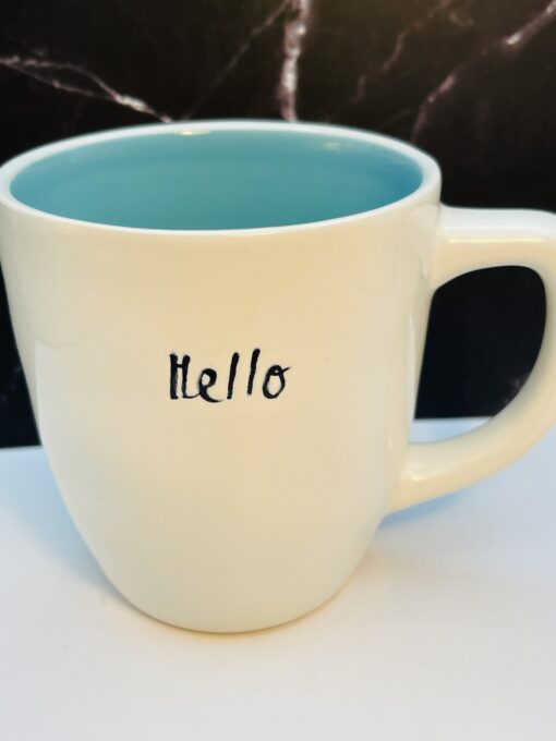 White Rae Dunn Hello Mug with blue interior
