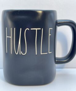 Rae Dunn Hustle black ceramic mug front view