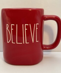 Rae Dunn Believe Red Ceramic Mug front view