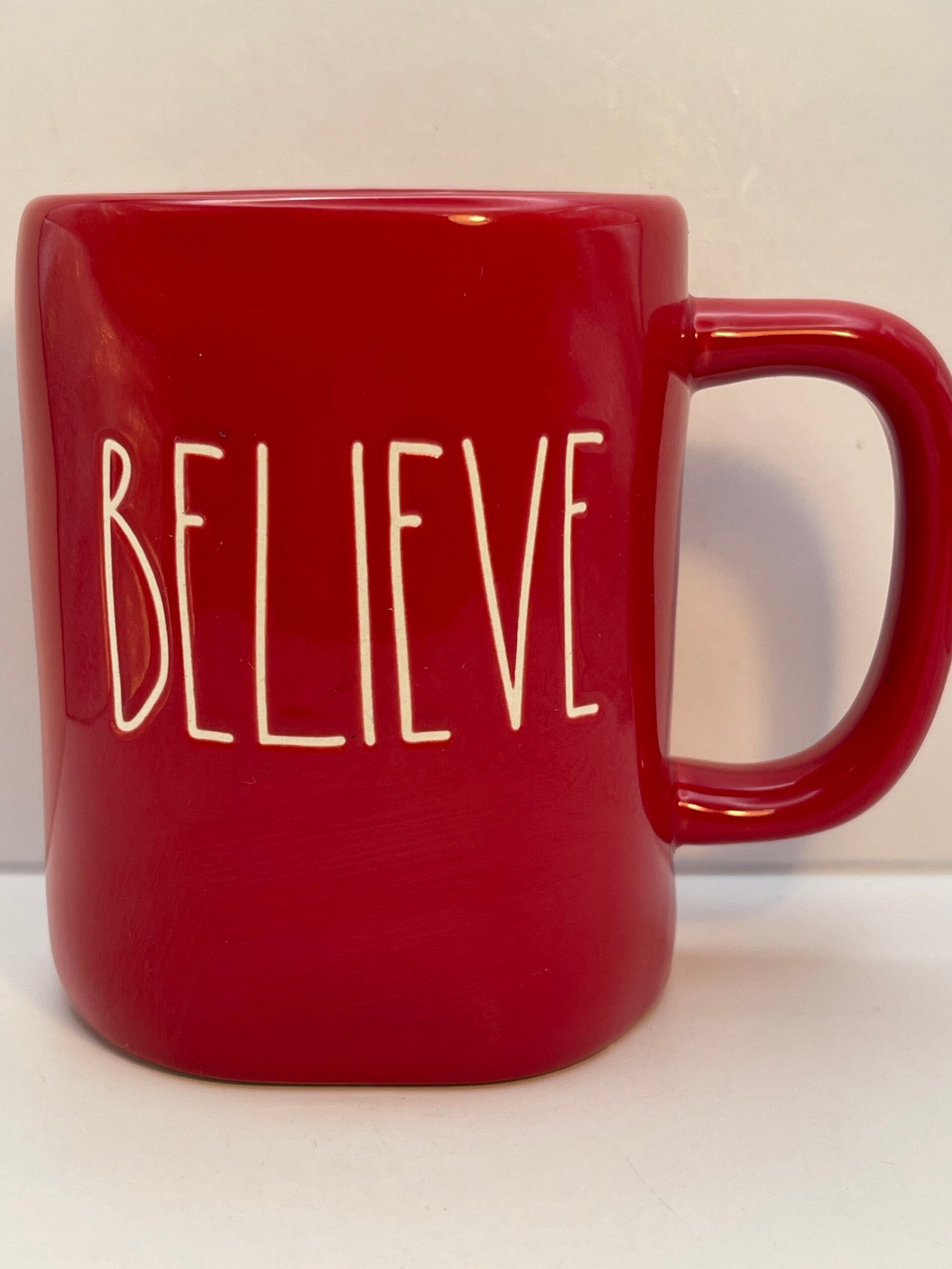 Rae Dunn Believe Red Ceramic Mug front view