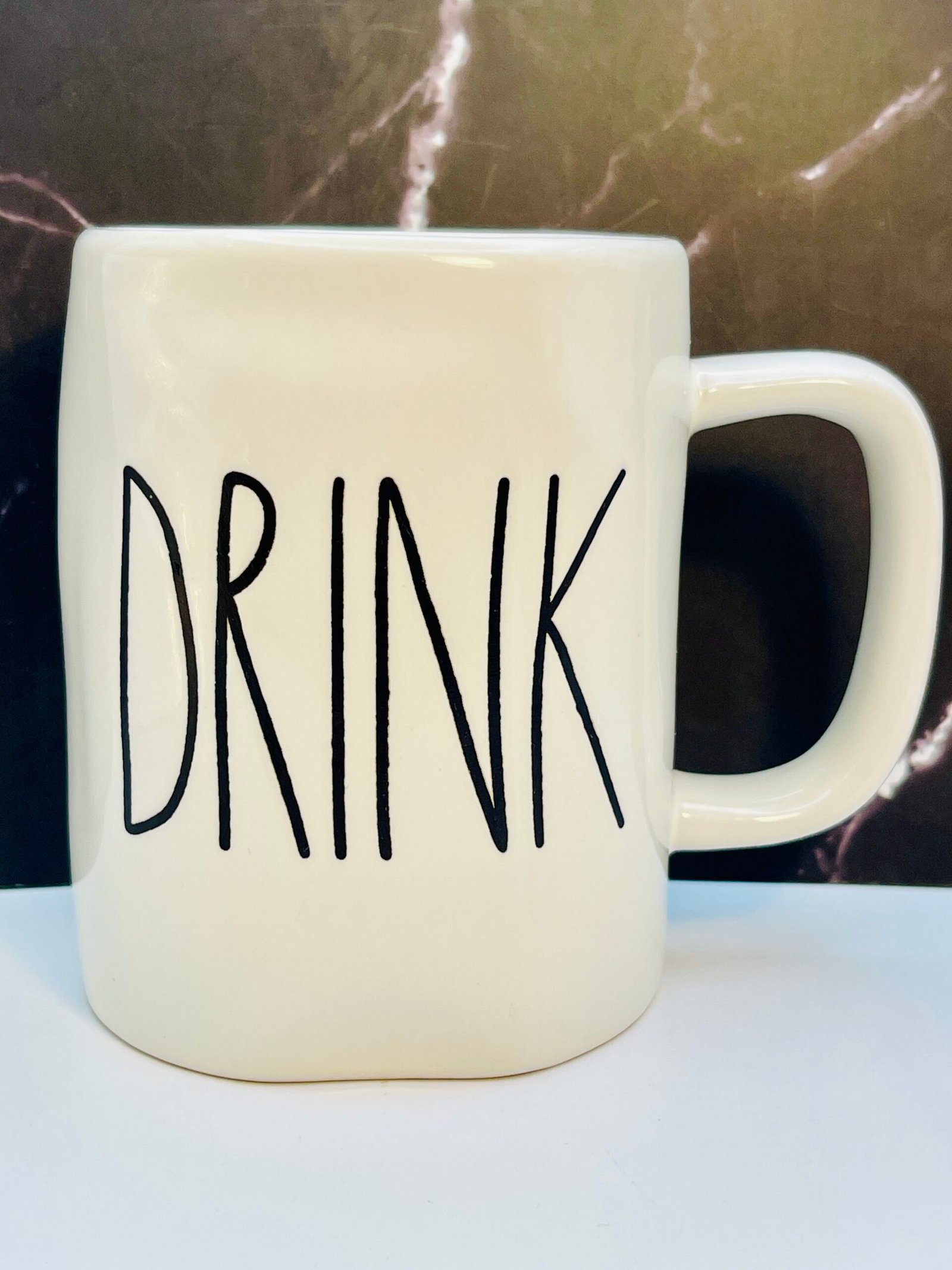 Rae Dunn Drink White Ceramic Mug front view