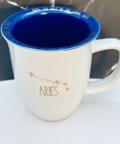 Astrology coffee mug featuring Aries lettering and rim text