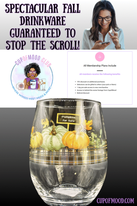 Pumpkins for Sale Stemless Wine Glass with hand-painted pumpkins, autumn drinkware from CupofMood