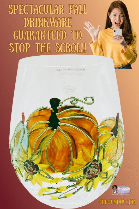 Pumpkin Sunflower Stemless Wine Glass with hand-painted autumn pumpkin and sunflower from the spectacular fall drinkware collection.