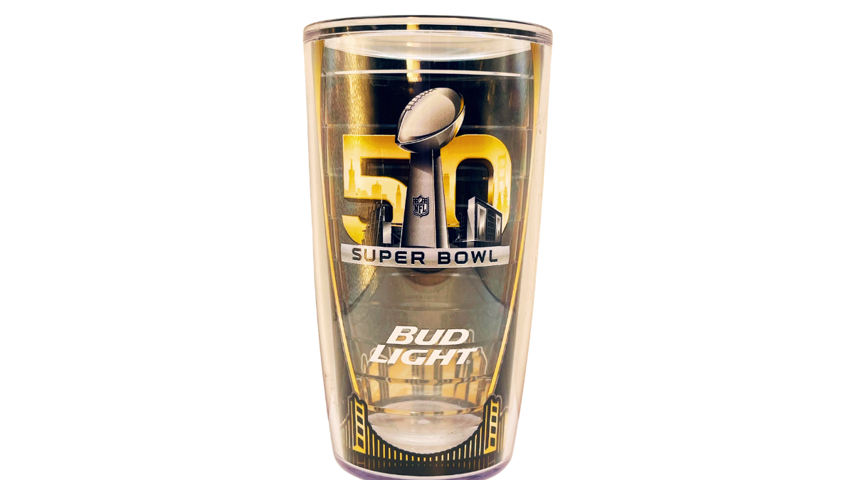 Super Bowl 50 Bud Light Tervis Tumbler front view with Vince Lombardi Trophy and black gold design