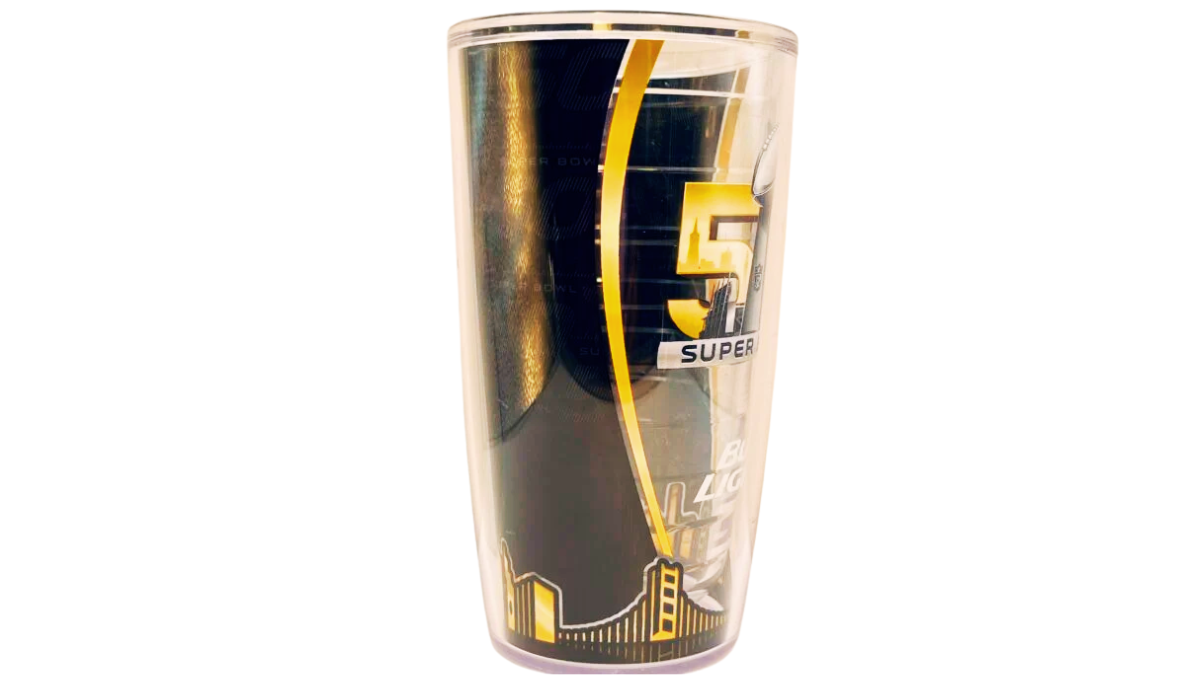 Super Bowl 50 Bud Light Tervis Tumbler side view showing gold skyline wrap design