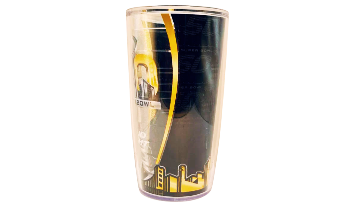 Super Bowl 50 Bud Light Tervis Tumbler alternate angle showing full wrap design