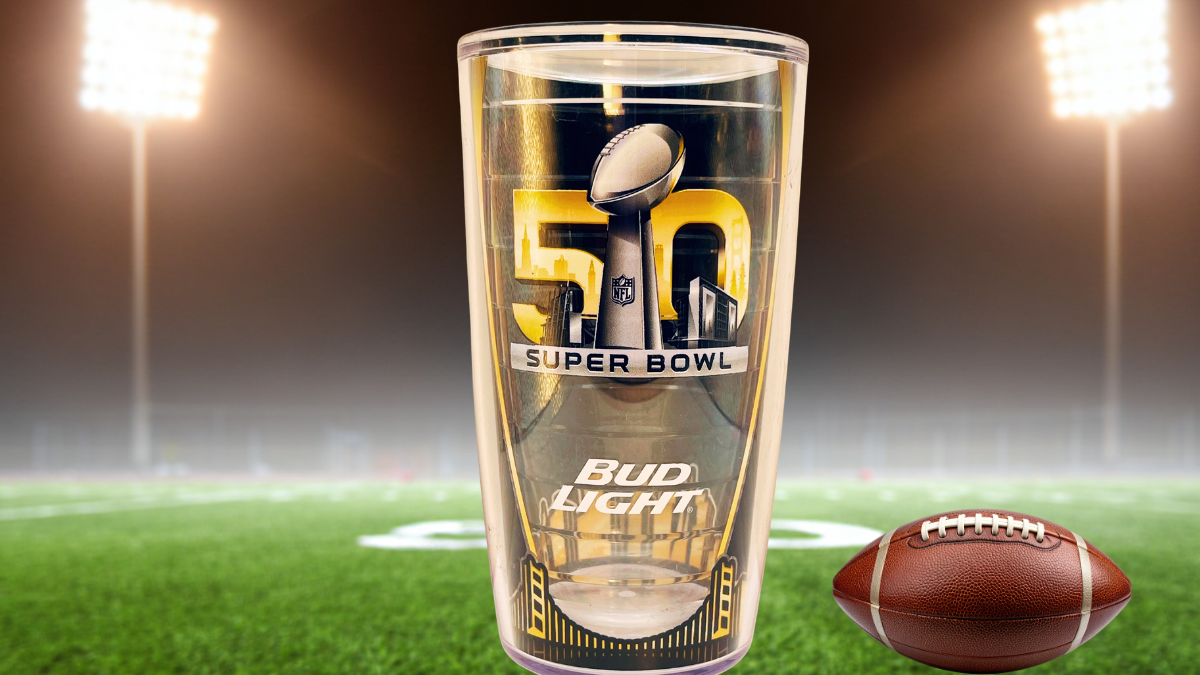 Super Bowl 50 Bud Light Tervis Tumbler styled with football and stadium backdrop