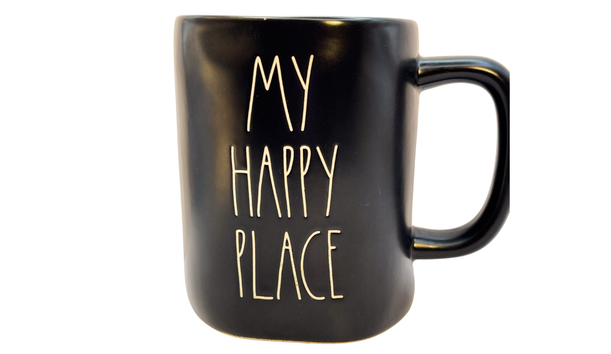 Rae Dunn My Happy Place black mug front view with white lettering