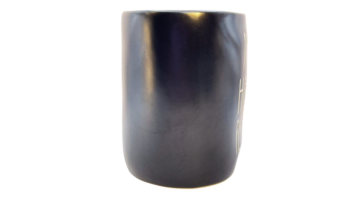 Rae Dunn black mug side middle plain matte ceramic surface