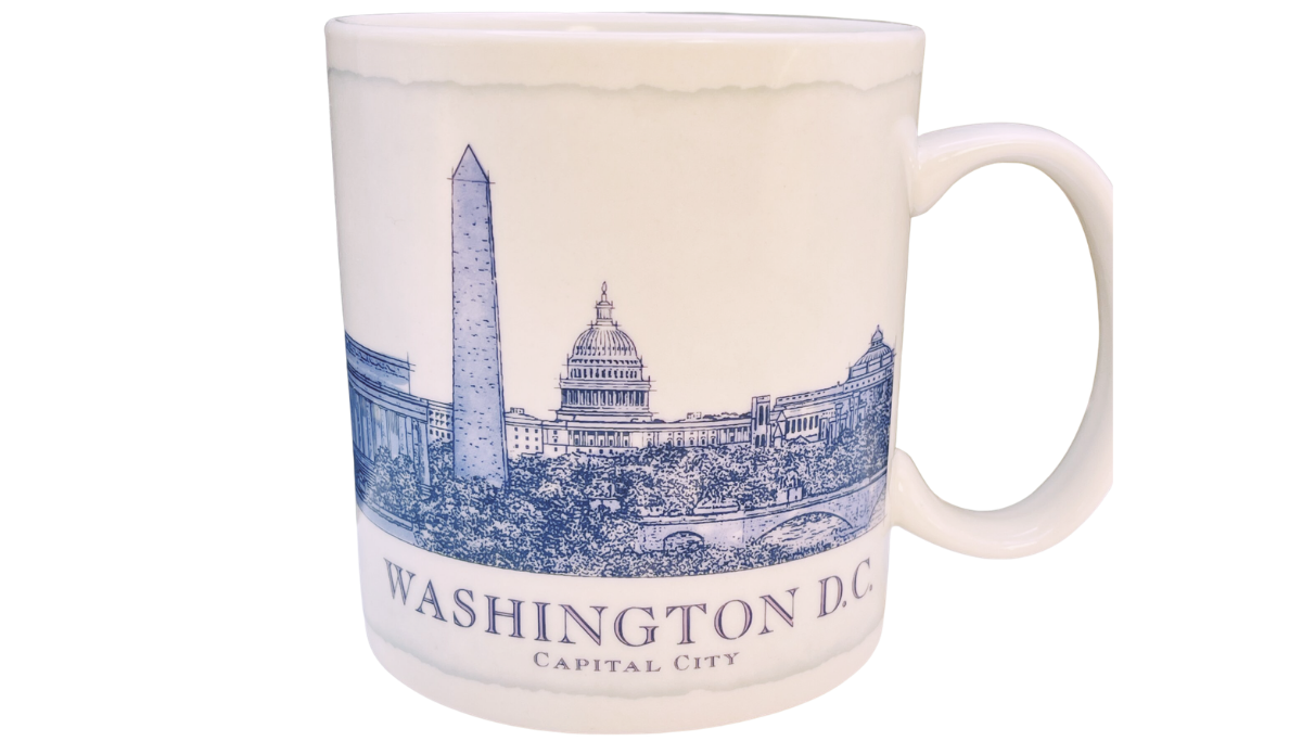 Starbucks Washington D.C. Architecture Mug front view with Washington Monument and U.S. Capitol artwork