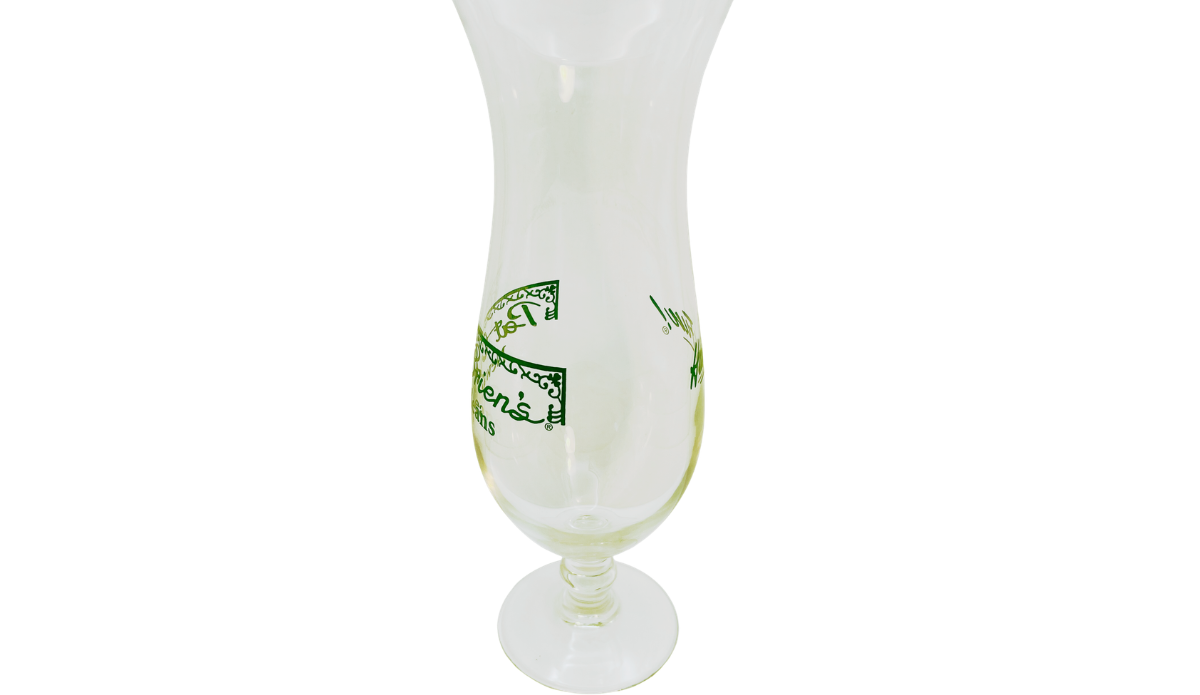 Opposite side view of Vintage Pat O’Brien’s New Orleans Hurricane Glass with partial Have Fun slogan and Pat O’Brien’s border visible