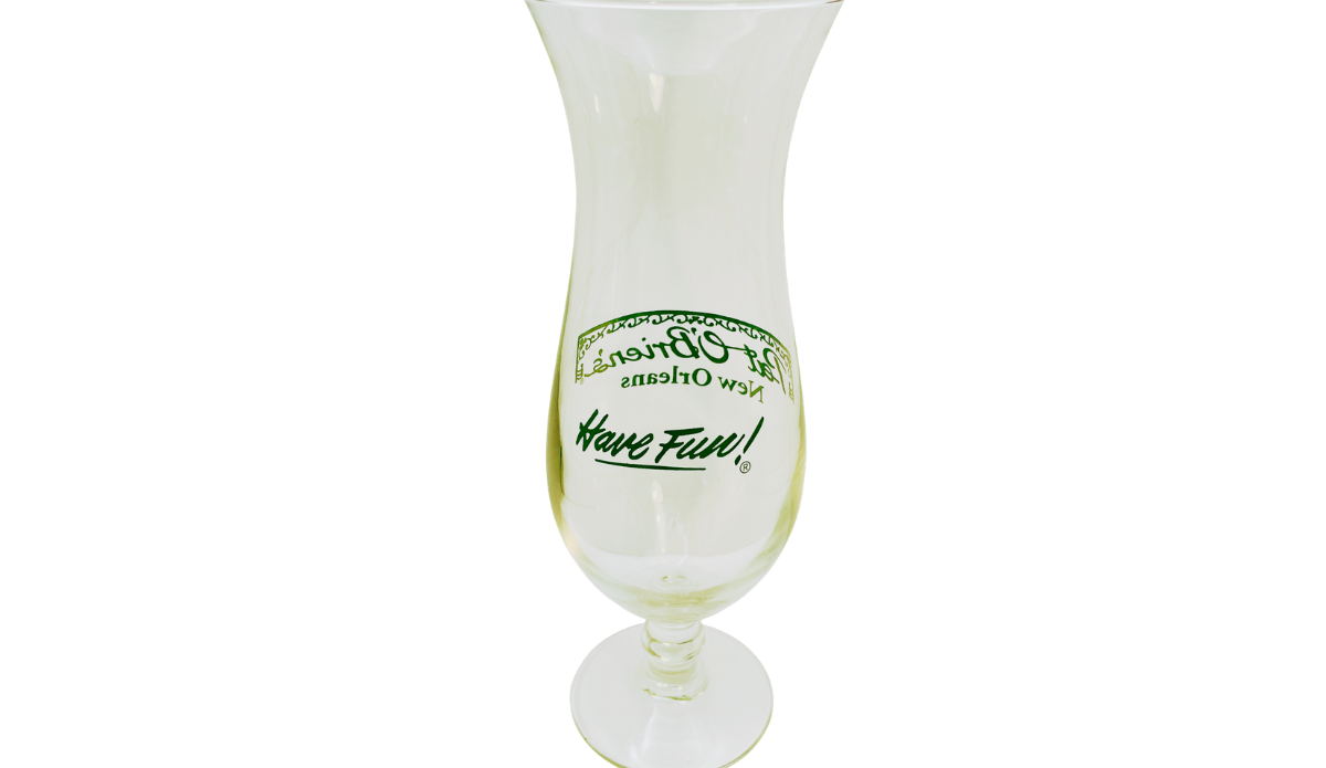 Back view of Vintage Pat O’Brien’s New Orleans Hurricane Glass with green Have Fun slogan