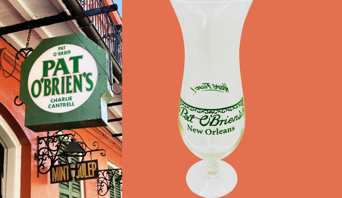Vintage Pat O’Brien’s New Orleans Hurricane Glass styled in front of a New Orleans street scene with wrought-iron balcony details