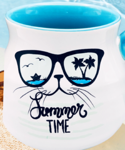 Summer Cat Sunglasses Coffee Mug beside pool with sunglasses and woven sun hat