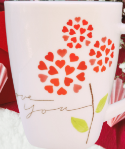 2007 I Love You Valentine Mug displayed with red envelopes, paper hearts, and romantic Valentine decor
