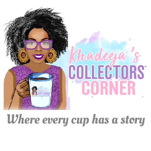 Khadeeja’s Collector’s Corner logo featuring an illustrated woman holding a white coffee cup with the tagline ‘Where every cup has a story’ in pastel watercolor design.