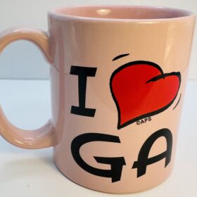 Pink Georgia coffee mug with red heart design