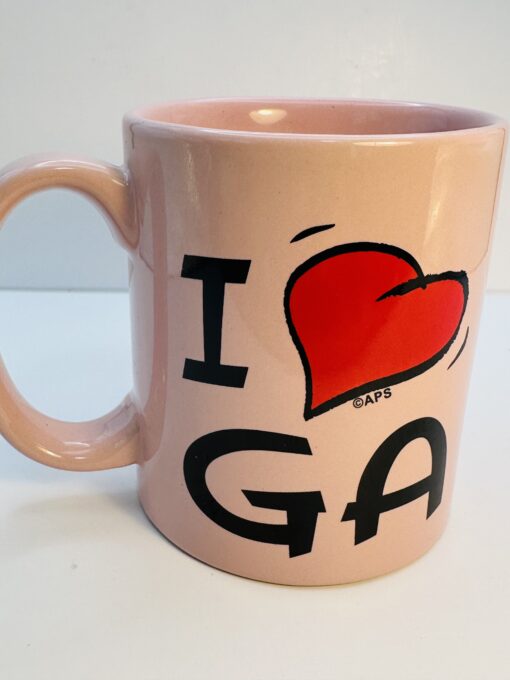 Pink Georgia coffee mug with red heart design